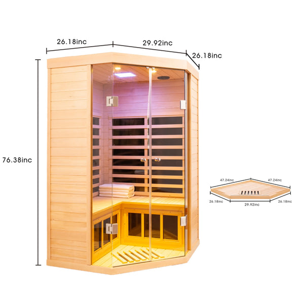 Infrared Sauna Designed for Home Relaxation, Canadian Hemlock Wood, 7 Heating Panels, Corner Design