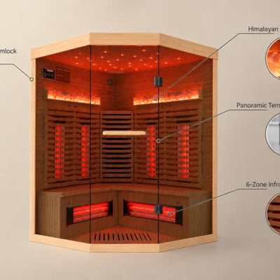 Corner Infrared Sauna Designed for Home Relaxation, Himalayan Salt Therapy, Canadian Hemlock, 3-4 Person