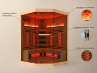 3-4 Person Corner Infrared Sauna- Luxury Home Sauna Spa Room with Himalayan Salt Therapy, Canadian Hemlock&Panoramic Tempered Glass,220V — Feature Infographic