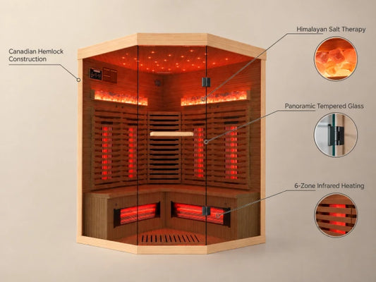 3-4 Person Corner Infrared Sauna- Luxury Home Sauna Spa Room with Himalayan Salt Therapy, Canadian Hemlock&Panoramic Tempered Glass,220V — Feature Infographic